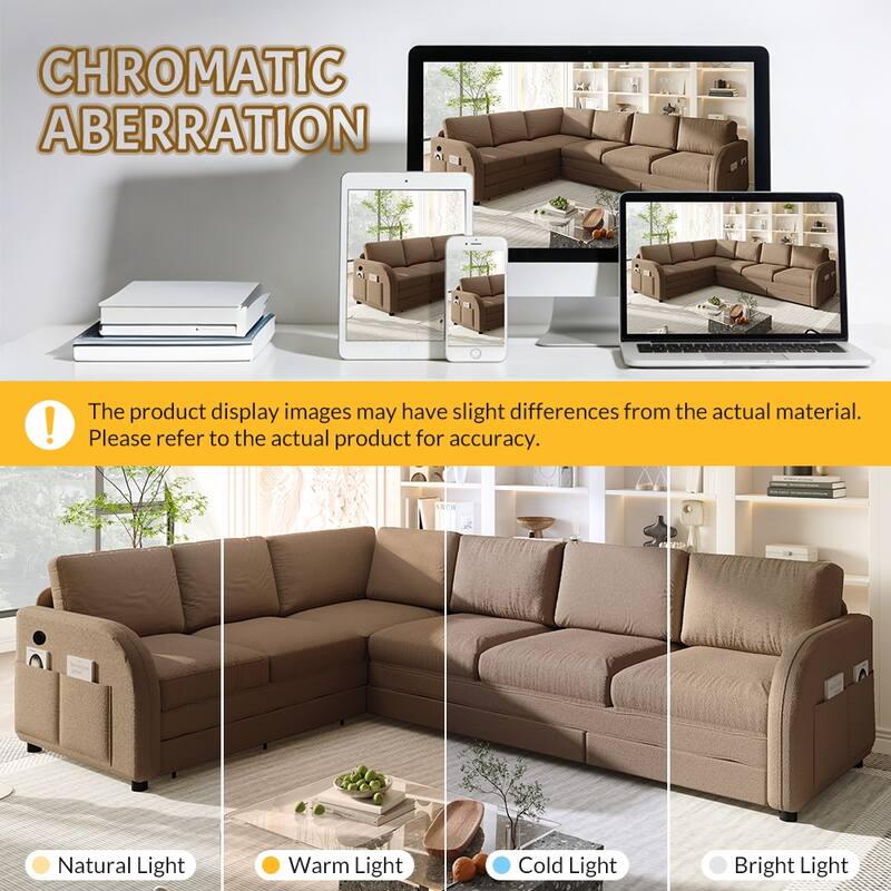 Homy Casa 85"/115" L-Shaped Sectional Sofa Bed USB & Side Pocket, Teddy Fabric Pull-Out Sleeper, Reversible Chaise, Multi Colors