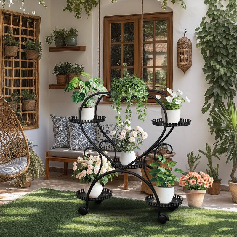 6 Potted Heart Shape Metal Plant Stand Rolling Flower Pot Organizer Display Rack