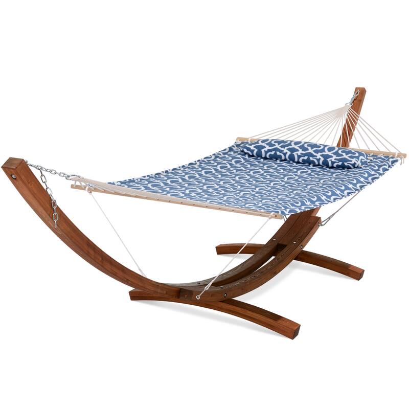 Double Spreader Bar Hammock With 13.5 ft. Wooden Stand - 162*55.1*48.8 - Blue Pattern