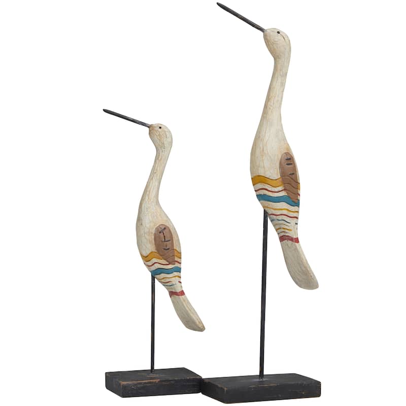 Polystone Bird Handmade Distressed Carved Decorative Sculpture with Colorful Patterns - Set of 2 Cream - Roche River Decor - Cream