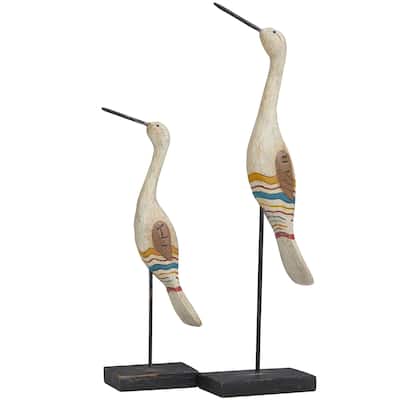 Polystone Bird Handmade Distressed Carved Decorative Sculpture with Colorful Patterns - Set of 2 Cream - Roche River Decor