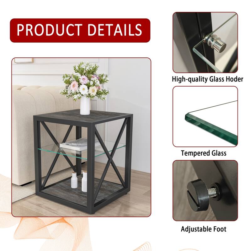 Set Of 2 Modern End Table Nightstand, Tempered Glass&Rustic Wood Grain Mdf,Industrial Style Side Table