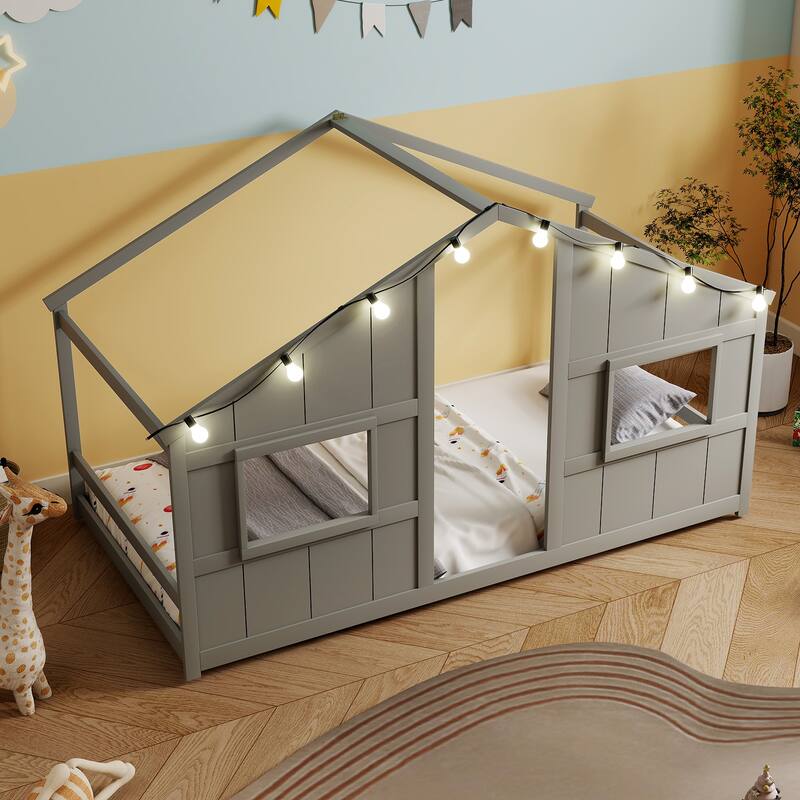 Twin Size Kids Floor Bed with LED Lights and Solid Wooden Montessori House Design