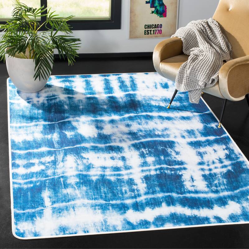 SAFAVIEH Daytona Machine Washable Slip Resistant Nurith Graphic Abstract - 3' x 5' - Ivory/Blue - Rectangle