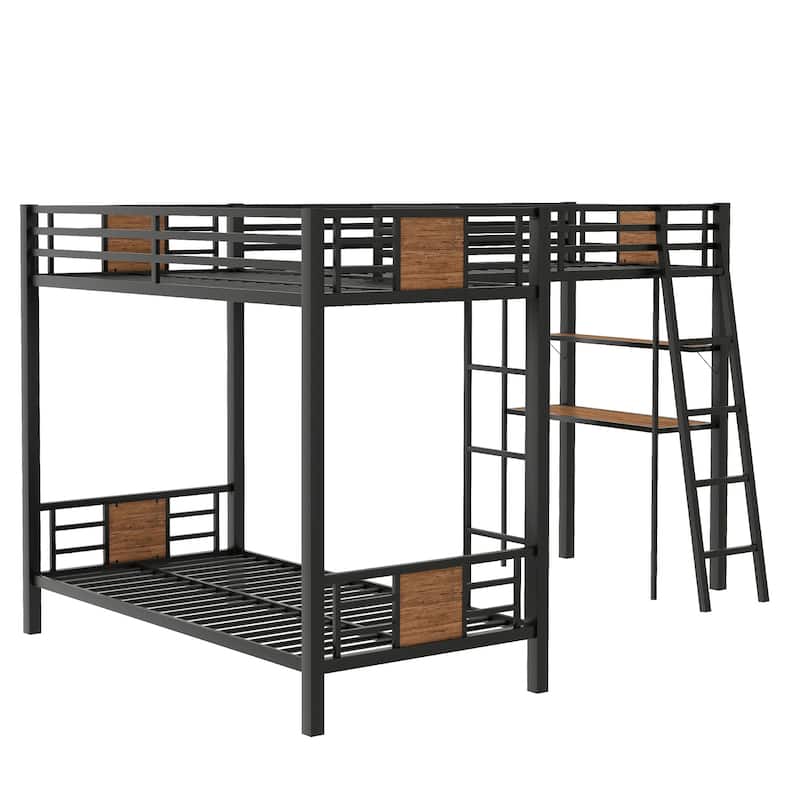 L-Shaped Twin over Twin Bunk Bed with Loft Bed, Desk, and Shelf, Brown