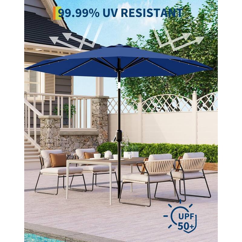 9 Ft Patio Umbrella with Solar Lights, Outdoor Table Umbrella with 32 LED Lights & Tilt Crank