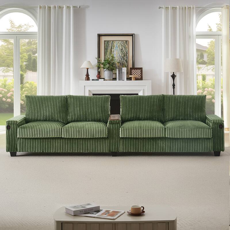 4-seater Green Corduroy Sofa with Storage, Cup Holders and USB Ports
