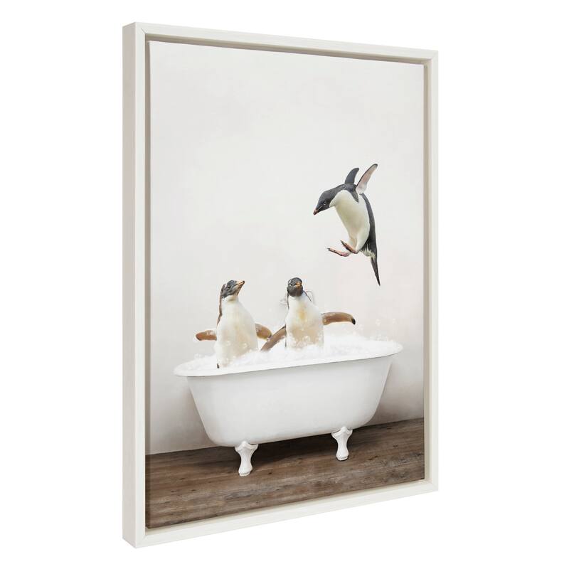 Kate and Laurel Sylvie Penguins Bath Framed Canvas by Amy Peterson - White