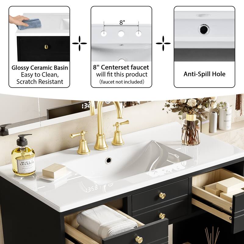 Bathroom Vanity with Ceramic Sink Combo,Solid Wood Frame,Freestanding Vanity Set with 2 Drawers& Soft Closing Doors