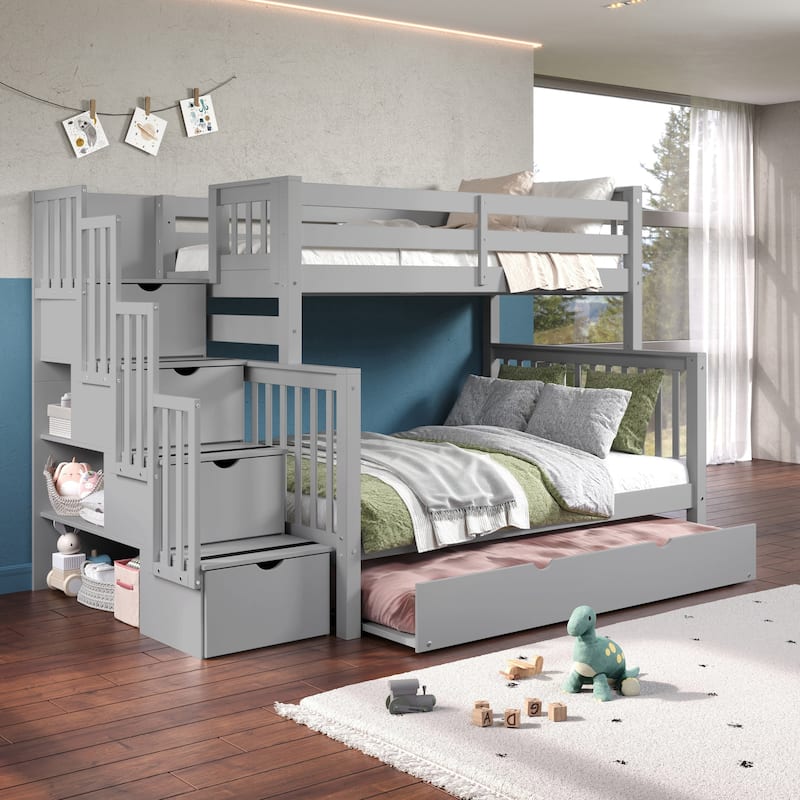 Taylor & Olive Trillium Twin over Full Stairway Bunk Bed, Full Trundle - Grey