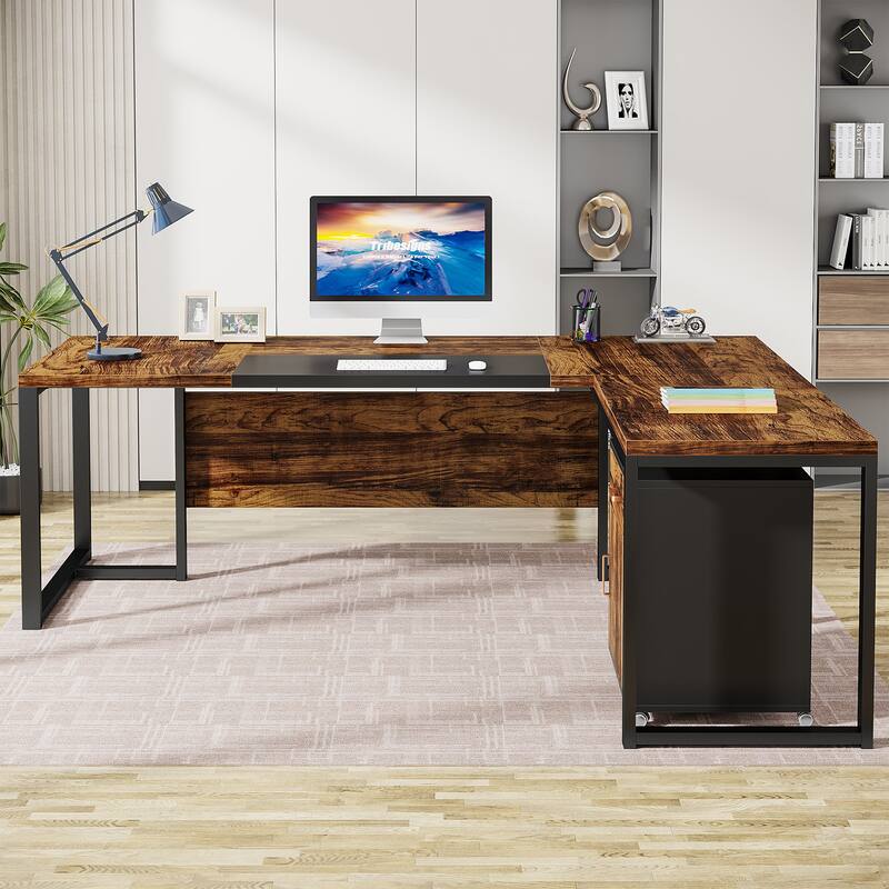 70.8’’ Executive Desk with File Cabinet, Large L-Shaped Office Executive Desk Computer Desk