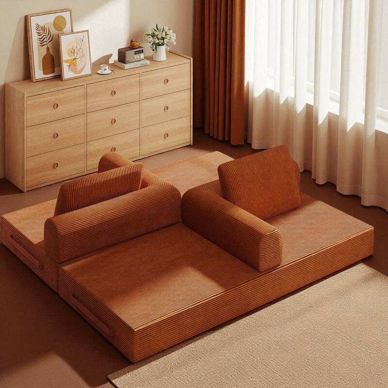 Convertible Corduroy Sleeper Sofa Bed, 3-Seat Folding Floor Couch with Cylindrical Pillow & Fixed-Shape Frame