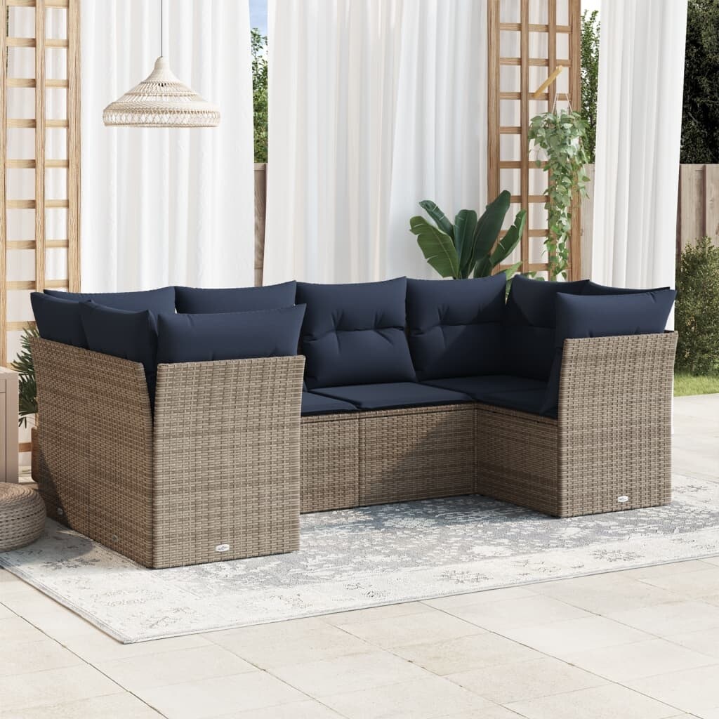 vidaXL 6 Piece Patio Sofa Set with Cushions Brown/Gray Poly Rattan - 21.7 x 24.4 x 27.2