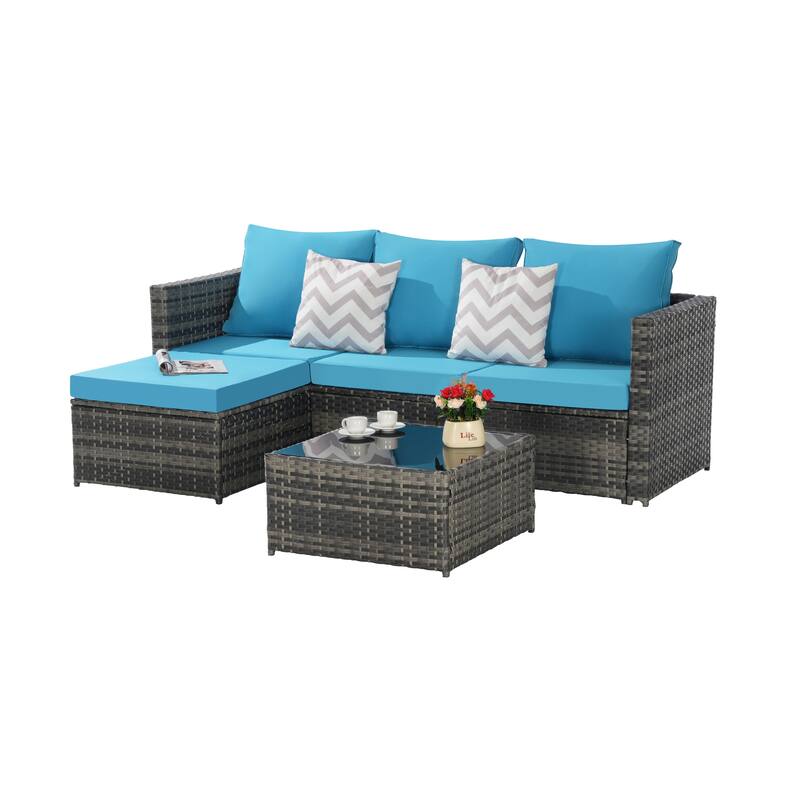 2-Pieces Outdoor Patio L-Shaped Sectional Sofa Set with Glass Coffee Table