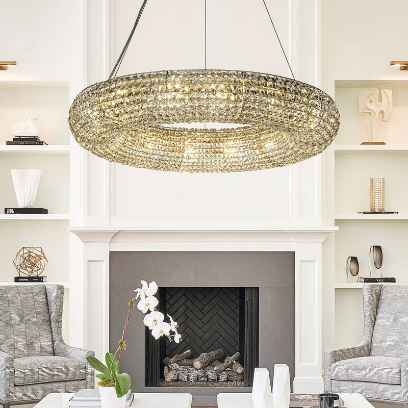 14/18 Light Unique/Statement Soft Gold Wagon Wheel Chandelier With Crystal Beads Accents