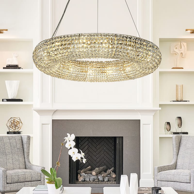 14/18 Light Unique/Statement Soft Gold Wagon Wheel Chandelier With Crystal Beads Accents