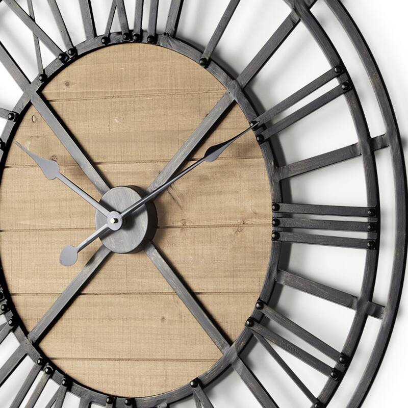 HomeRoots 30" Black And Natural Iron And Wood Analog Round Wall Clock - 30.12 in. x 30.12 in. x 1.97 in.