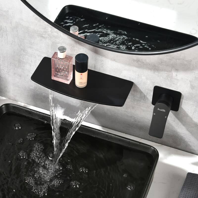 Waterfall Faucet 1-Handle Wall Mount Lavatory Faucet Mixer Tap - Black