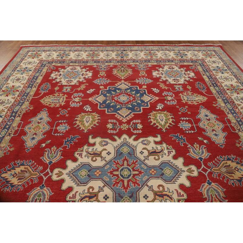 Red Geometric Kazak Oriental Large Area Rug Wool Carpet - 9'10" x 13'9"