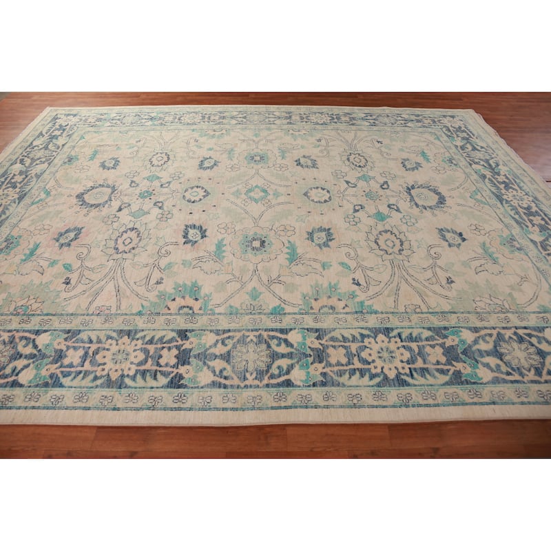 Geometric Vegetable Dye Floral Oushak Turkish Rug Handmade Wool Carpet - 9'4"x 12'2"