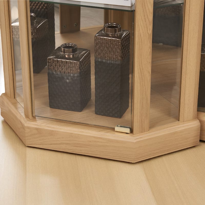 Corner Lighted Glass Curio Cabinet with Doors, Shelves and Mirrored Back for Display and Storage