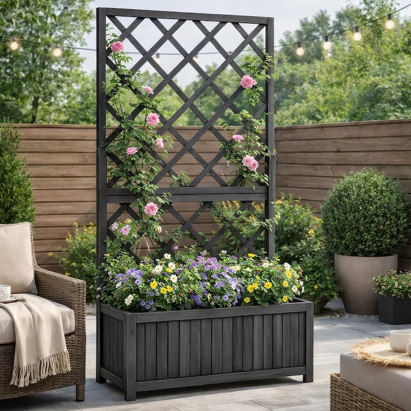 Madie Outdoor Garden Planter, Trellis Design, 53 Inch Black Fir Wood