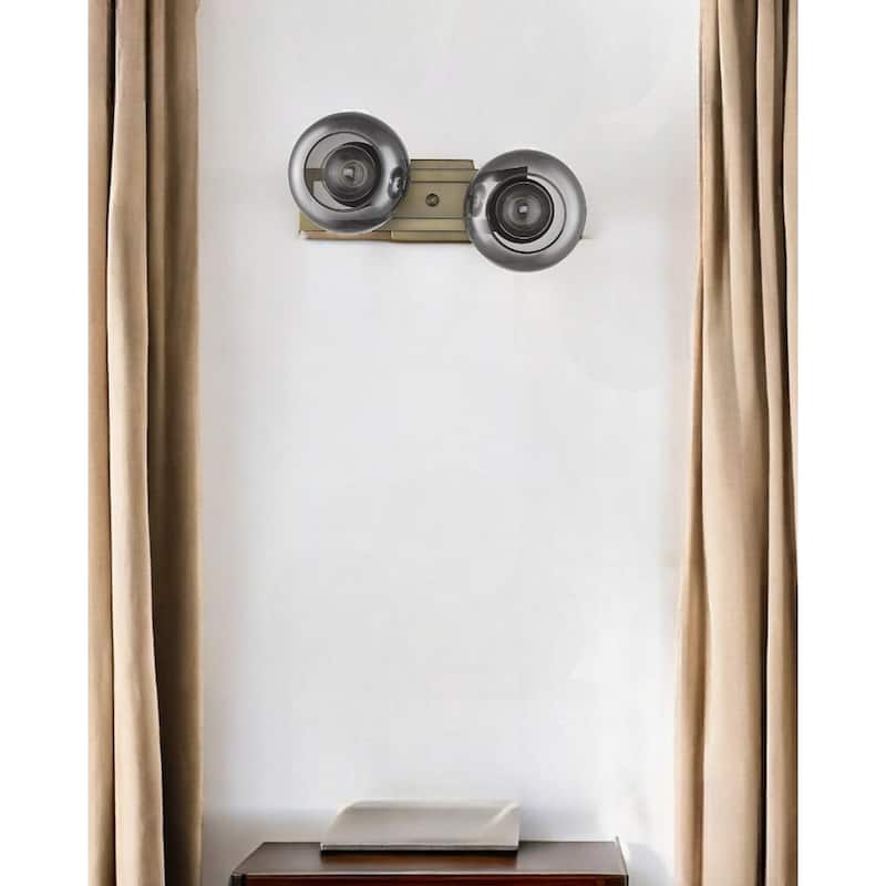 2-Light Fixture Brass Wall Sconce with Smoke Glass Shades and Hardwired Dimmable E26 Base - 9.25" H x 17" W x 8.25" D