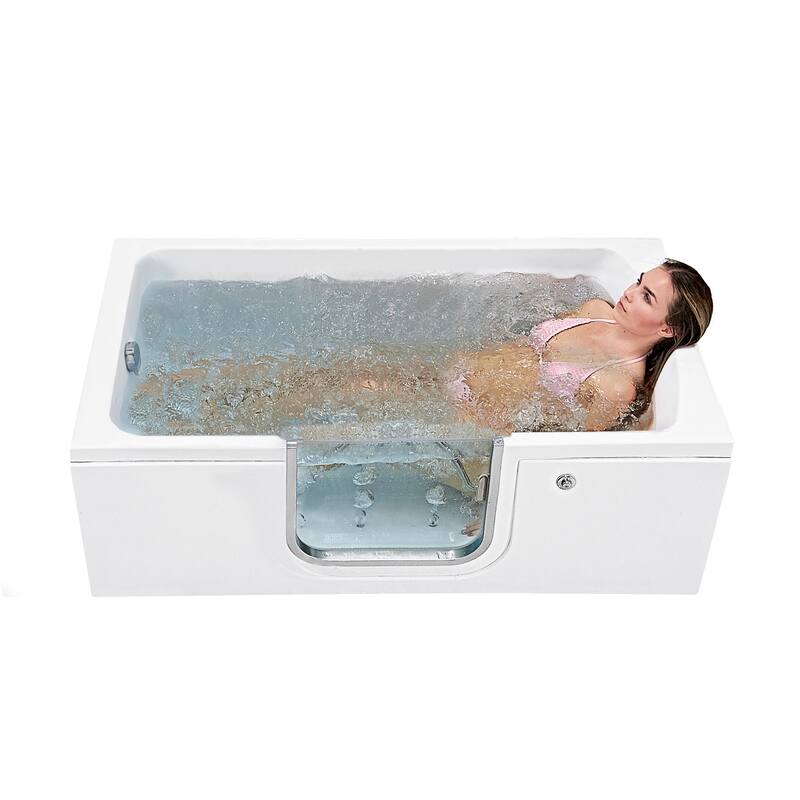 Ella Laydown 30x60 Walk in Bathtub, Waterfall Wall Mount Faucet, Hand Shower, Slider Bar in Chrome - Air Massage - Left Drain