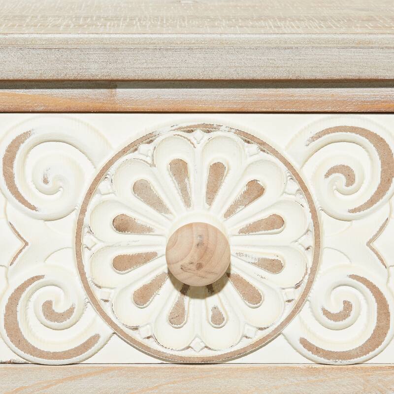 Brown Wood Intricately Carved 2 Drawers Floral Console Table