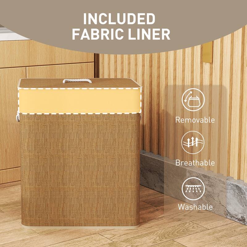HOMCOM Double Laundry Basket with Lid, 26.4 Gallon Bamboo Laundry Hamper with Rope Handles, Clothes Hamper with Removable Liner