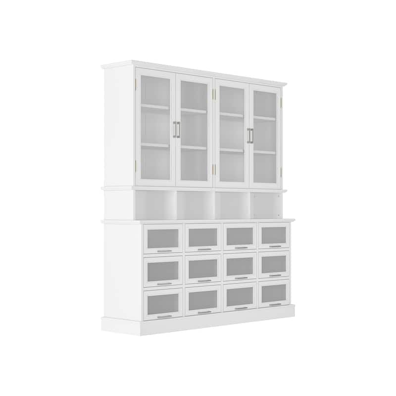 Large Kitchen Pantry Cabinet with Glass Doors and Bottom-Pull Drawers