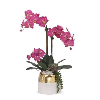 Pink Orchids with Geodes, Succulents Flower in A Round Pot - 16"Wx13"Dx18.5"H