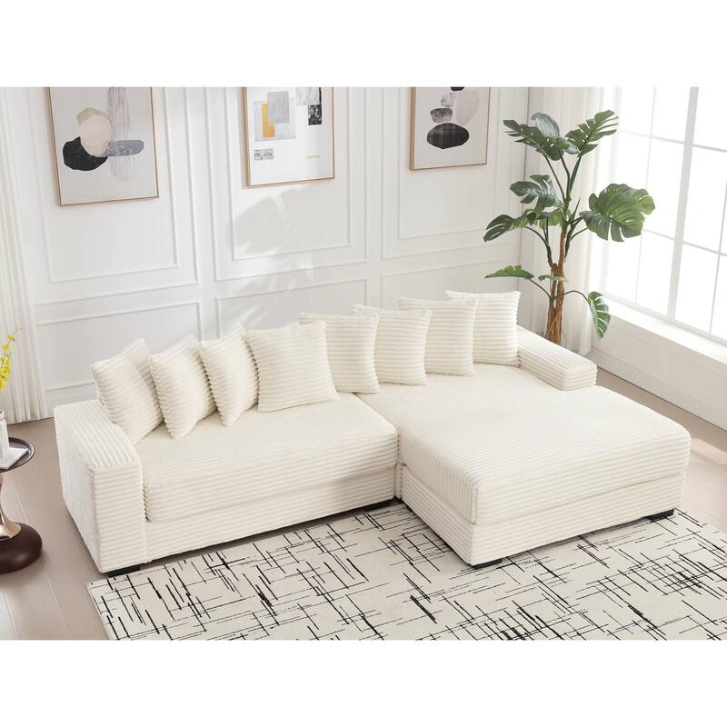 L Shaped Sectional Sleeper Sofa Corduroy Corner Sofa with Chaise Lounge and 8 Throw Pillows, Oversized Modular Daybed