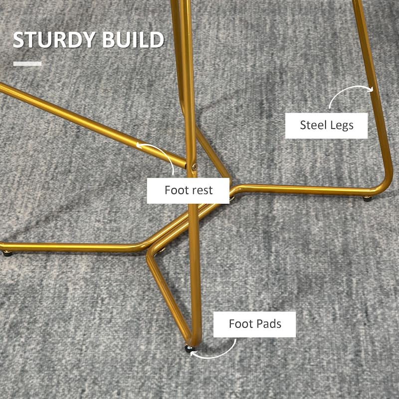 HOMCOM Tall Bar Stools, Set of 2, Velvet-Touch Fabric Bar Chairs, Bar Stools with Gold-Tone Metal Legs for Dining Area