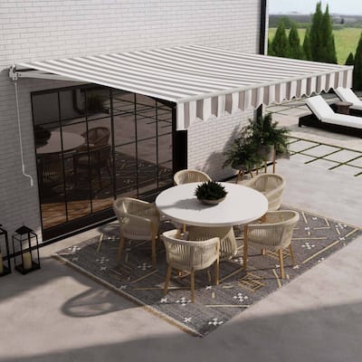 ALEKO Caribbean Motorized Patio Awning - White Frame - Seagull Gray & White Striped - 10 x 8 Feet