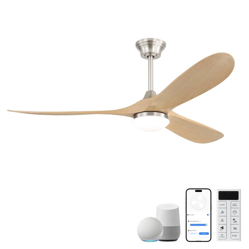 60 Inch Ceiling Fan with Lights, 3 ABS Fan Blades, Quiet Energy Efficient DC Motor, Smart App & Remote Control - 60 Inches - Nickle with Wood