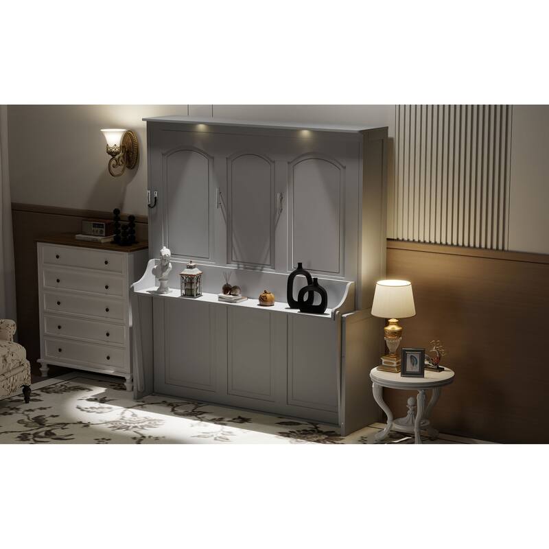 Roomfitters Queen Size Murphy Bed with Folding Desk and USB Charging Ports, Space-Saving Wall Bed with LED Lights