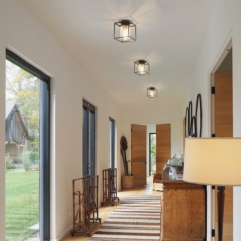 1-Light Modern Black Metal Frame Textured Glass Ceiling Light - Matte Black