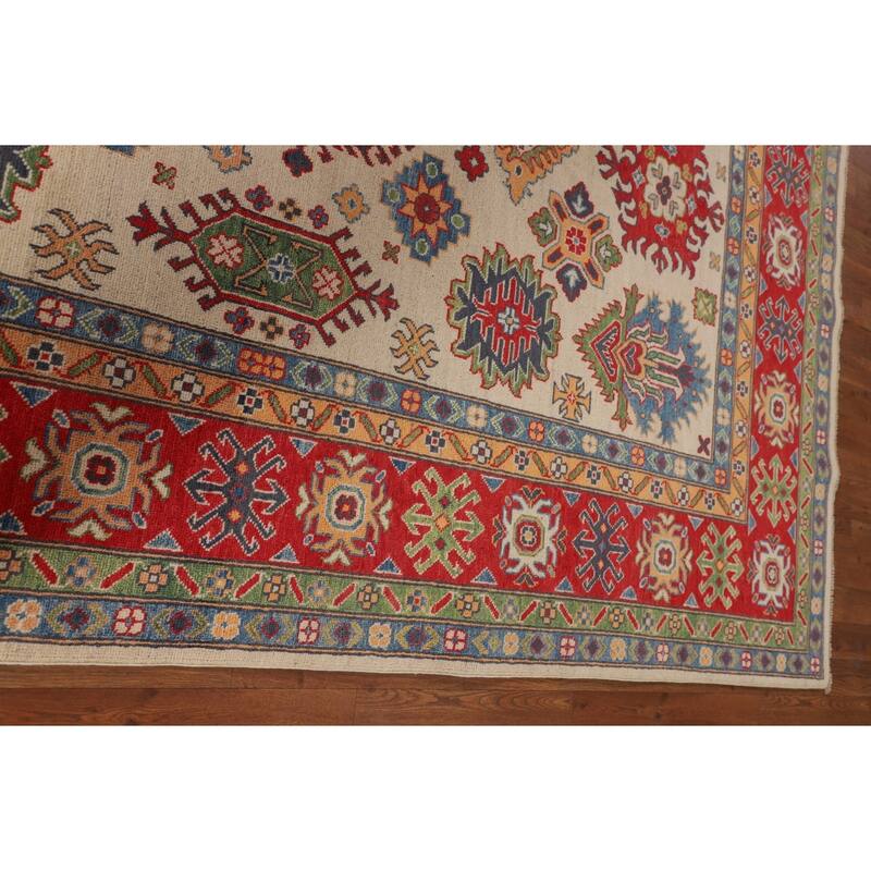 Geometric Kazak Area Rug Hand-Knotted Beige / Ivory Wool Carpet - 6'5" x 9'8"