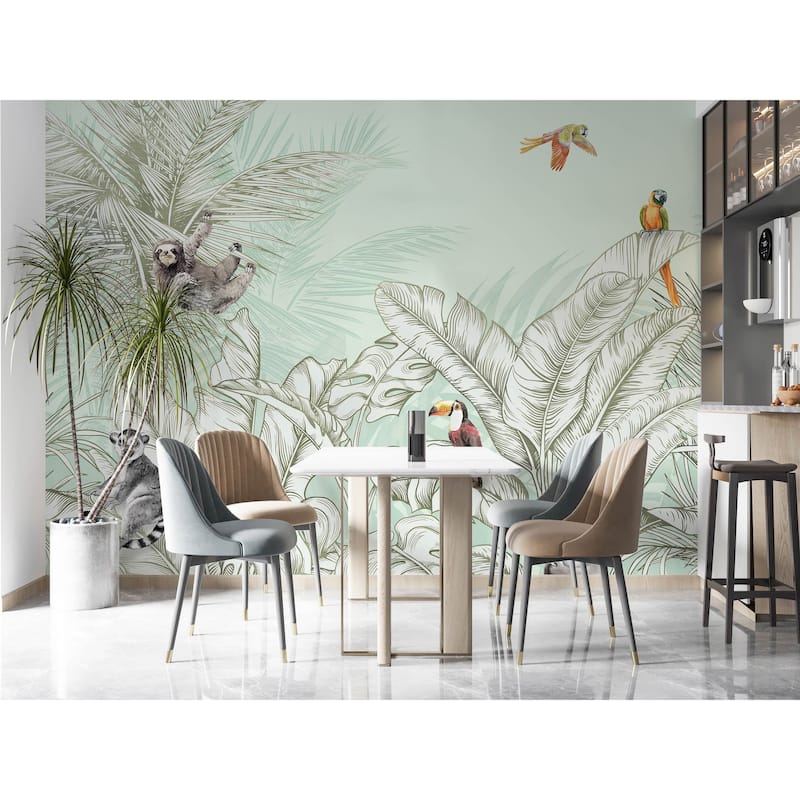 Tropical Jungle Wildlife Wallpaper Mural - Green - W:175" x H:118"