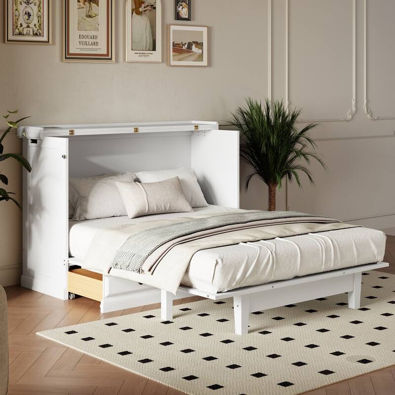 Solid Pine Murphy Bed Chest Cube Cabinet Bed with Charging Station and Large Storage Drawer for Home Office or Small Room