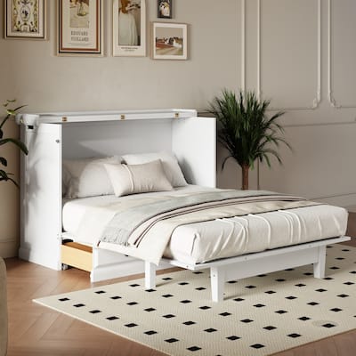 Solid Pine Murphy Bed Chest Cube Cabinet Bed with Charging Station and Large Storage Drawer for Home Office or Small Room