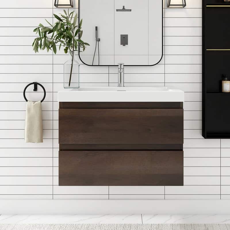 24"/30"/36"/48" Wall-Mounted 2-drawer Bathroom Vanity Set with Integrated Resin Sink - 30" - Grey Oak