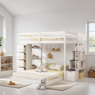 Twin Over Full Size Bunk Bed with Shelves and Storage, White