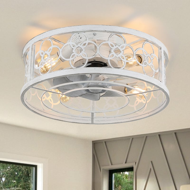 Cusp Barn 20-In Retro Distressed White Ceiling Fan, Farmhouse Rustic Flush Mount Low Profile Caged Fandelier for Bedroom