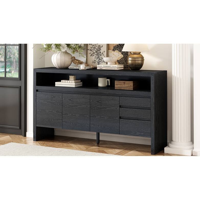 3-Door Sideboard with 3 Drawers - Modern Solid Ash Sideboard, Large Storage Cabinet for Living Room, Hallway, Dining