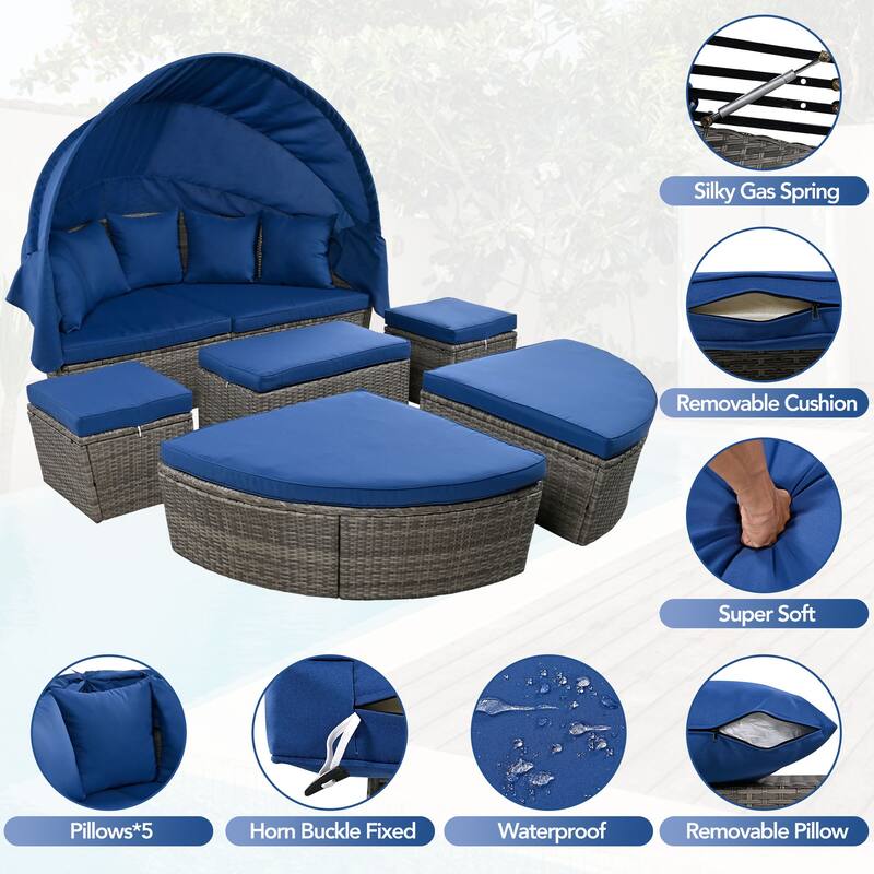 Modern Round Outdoor Rattan Sofa Bed with Retractable Canopy, Convertible into Coffee Table, Suitable for Patio and Outdoor Pool