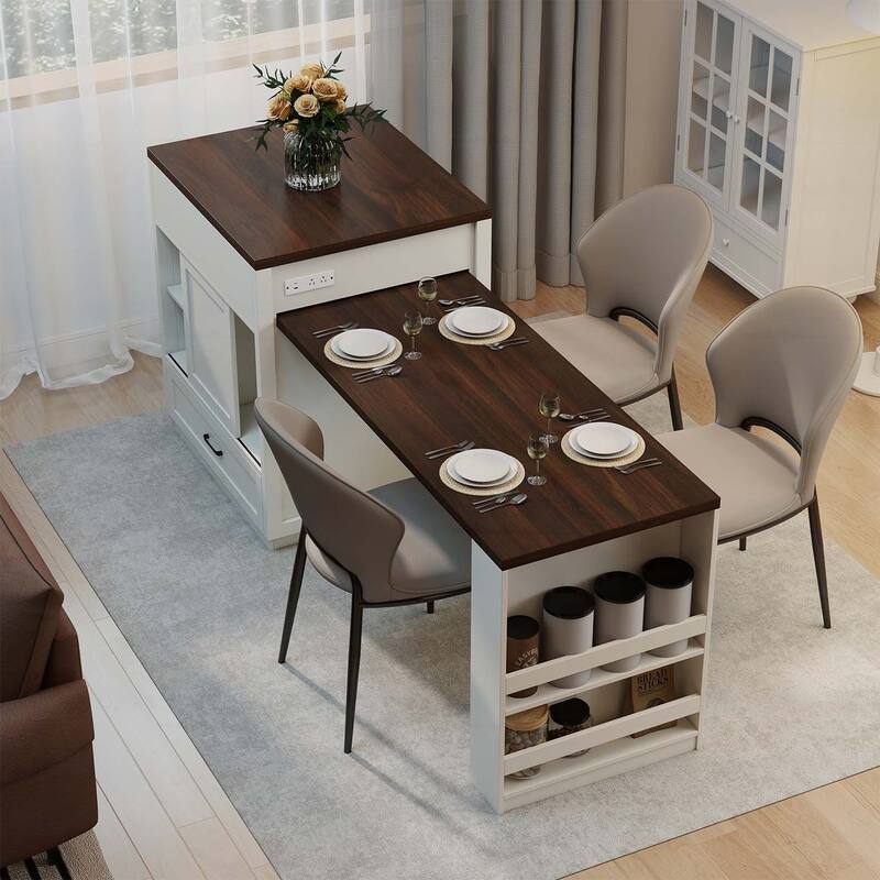 Extendable Dining Table with Tempered Glass Doors,Power Outlet