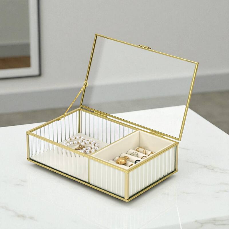 Verena 9.75" Glass Jewelry Box with Two Padded Compartments - N/A - Gold