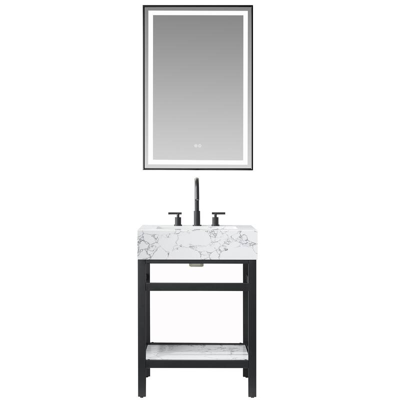 Ecija Bath Vanity, Metal Support with Composite Stone Top and Mirror - 24 in. - Matte Black
